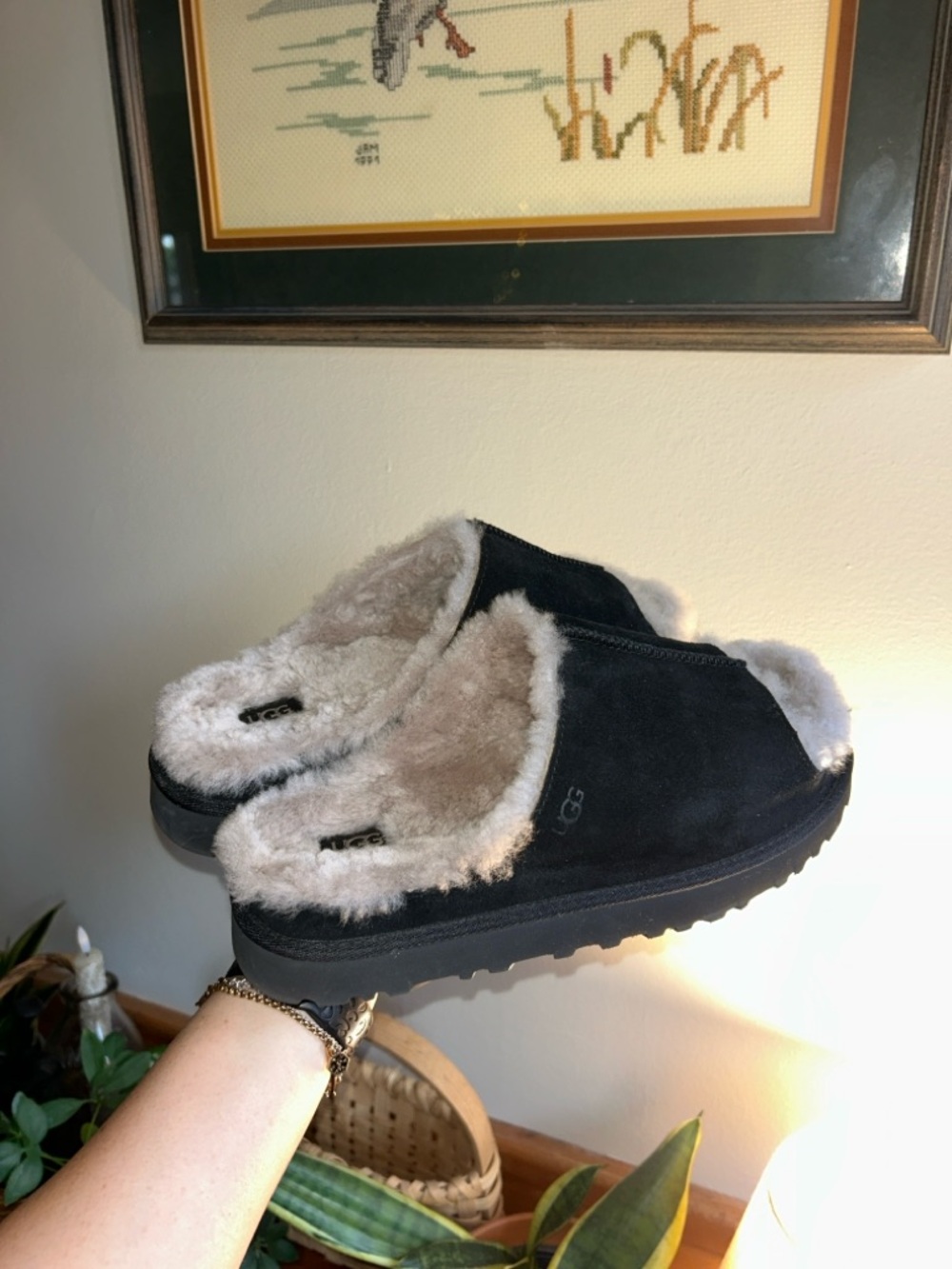 UGG Black Suede Shearling-Lined Slip-On Clogs
